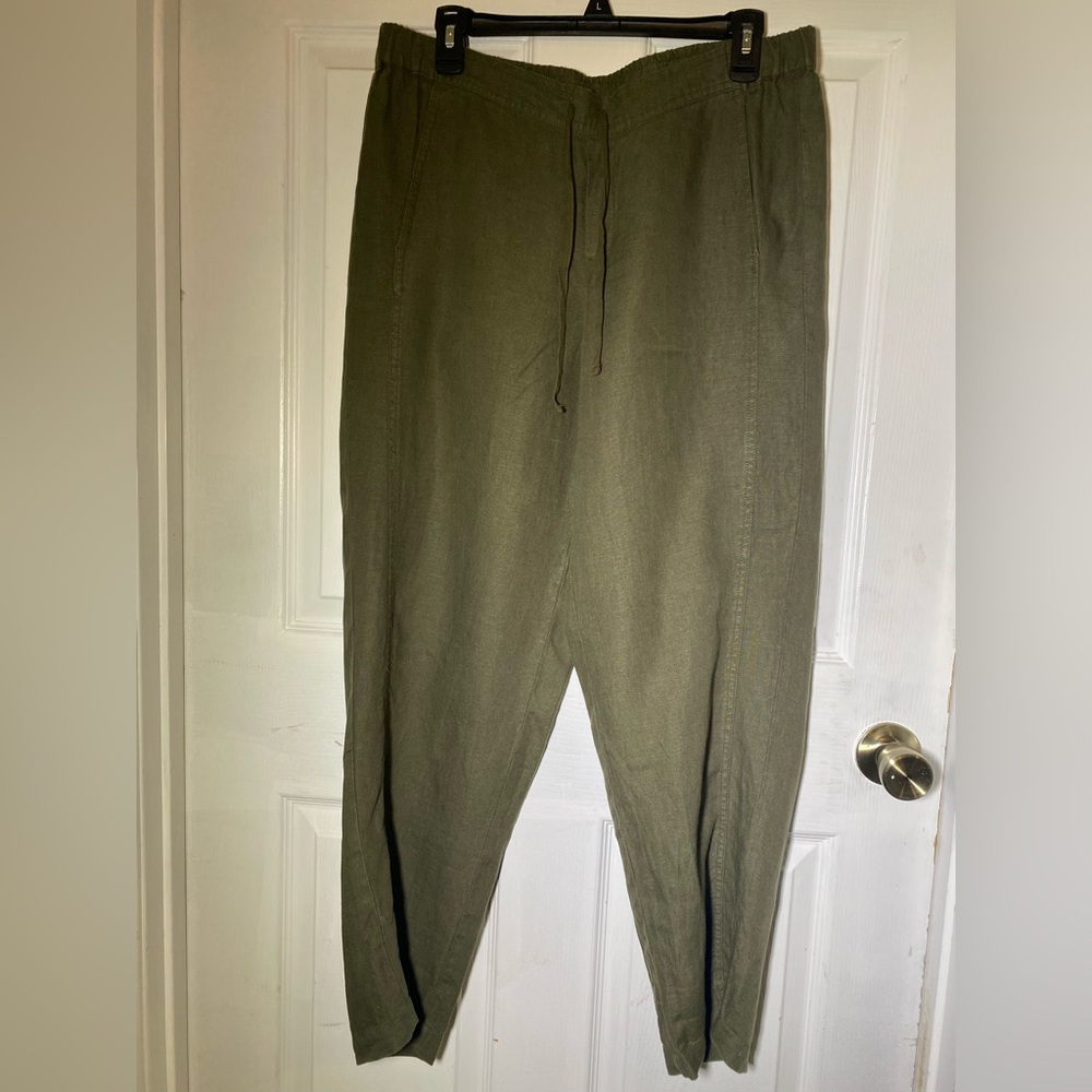 J. Jill Love Linen Tapered Leg Pull On Cropped Joggers Pants Olive Green Sz Med - Picture 2 of 11